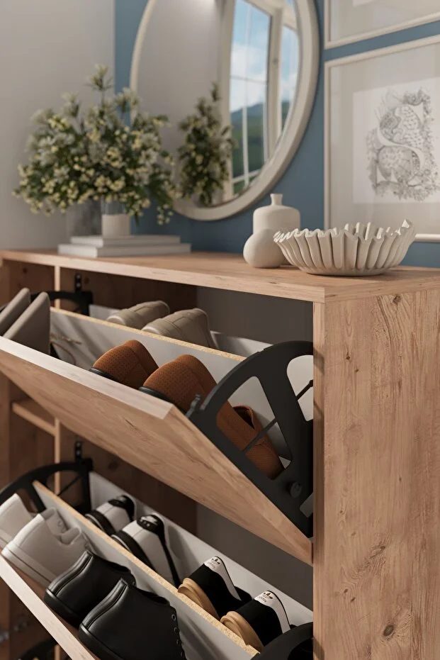 Düşer Kapak Ayakkabılık 4 Kapaklı 6 Bölmeli Kayar Raflı Ayakkabılık